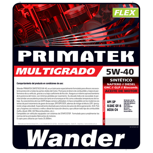 PRIMATEK FLEX 5W-40 API SP  WANDER  205 L  TAMBOR (W1679)